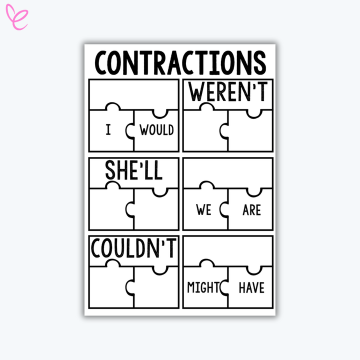 Printable contraction puzzle with words like 'weren’t,' 'she’ll,' and 'couldn’t.' The puzzle pieces visually separate contractions into their original words.