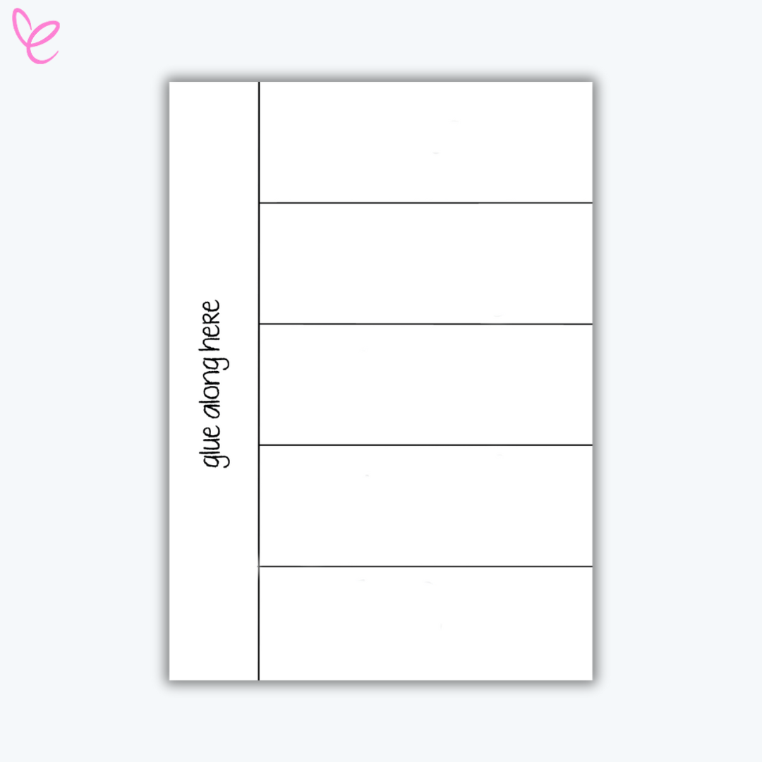 A blank printable worksheet divided into four horizontal sections with a vertical label on the left reading 'glue along here,' ideal for creating foldable activities.