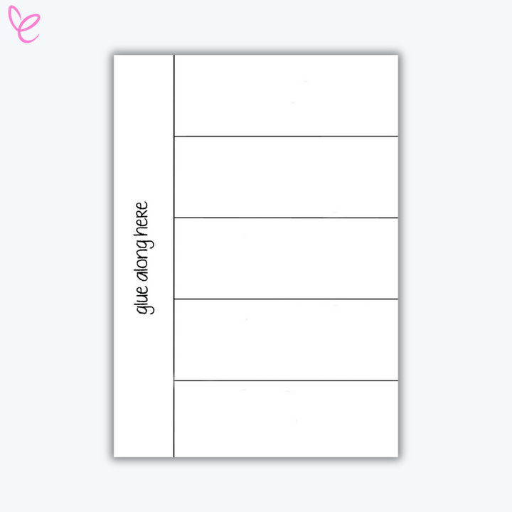 A blank printable worksheet divided into four horizontal sections with a vertical label on the left reading 'glue along here,' ideal for creating foldable activities.