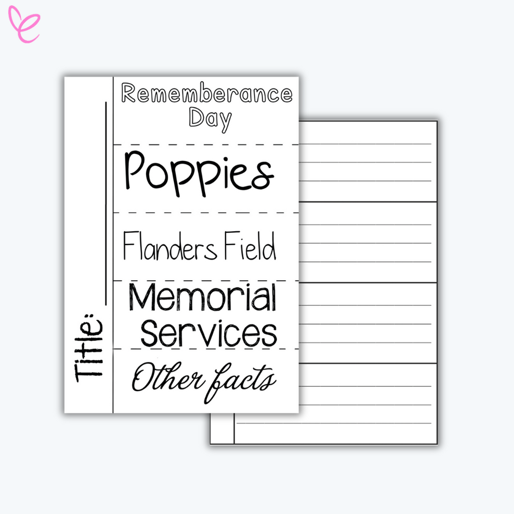 A black-and-white printable booklet for students to research and write about Remembrance Day topics, including poppies, memorial services, and Flanders Field.