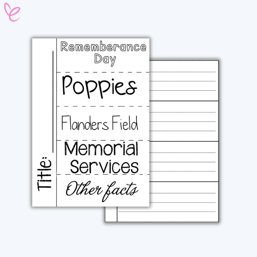 A black-and-white printable booklet for students to research and write about Remembrance Day topics, including poppies, memorial services, and Flanders Field.