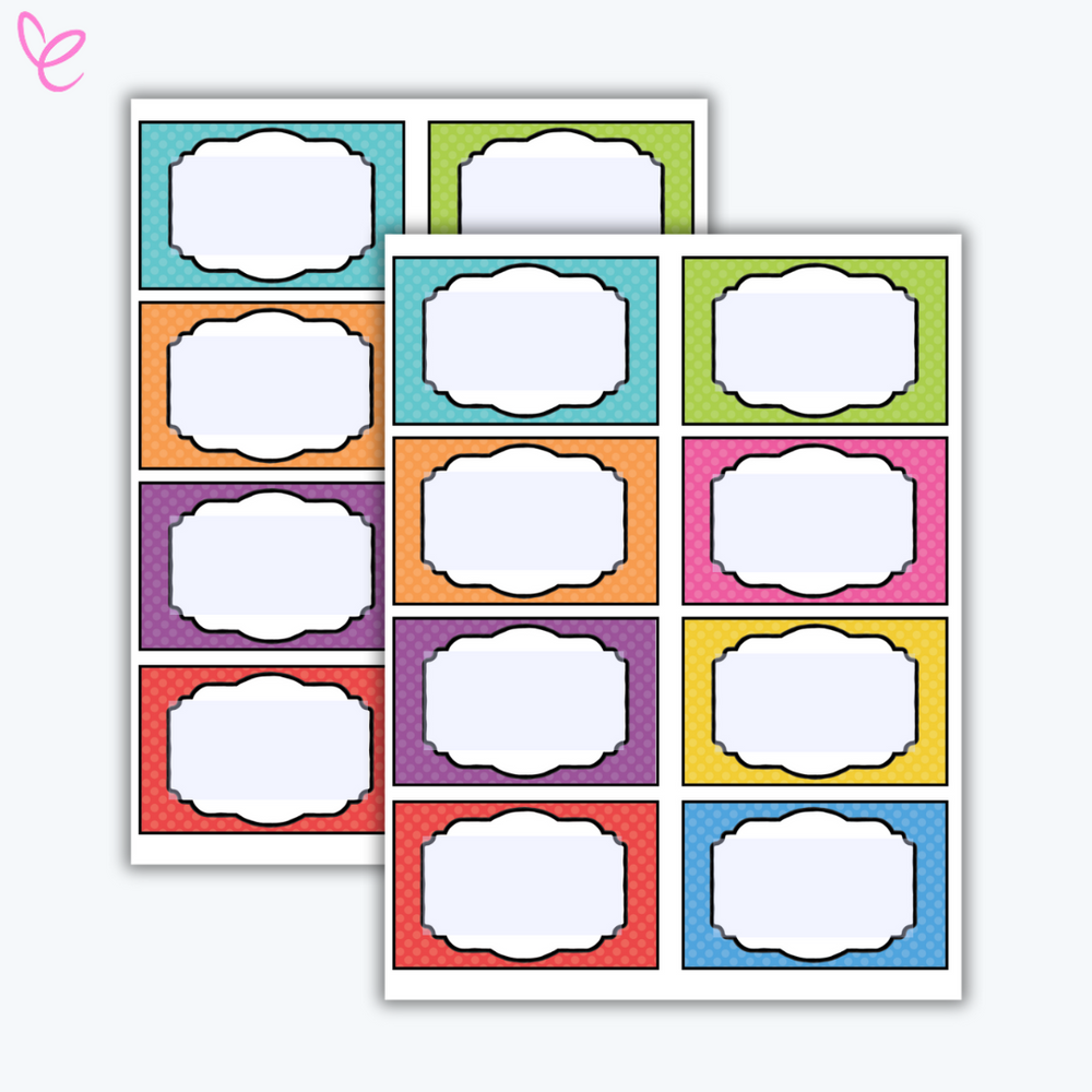 A set of colourful blank name tags with scalloped white labels and patterned borders in blue, green, orange, purple, red, and pink.