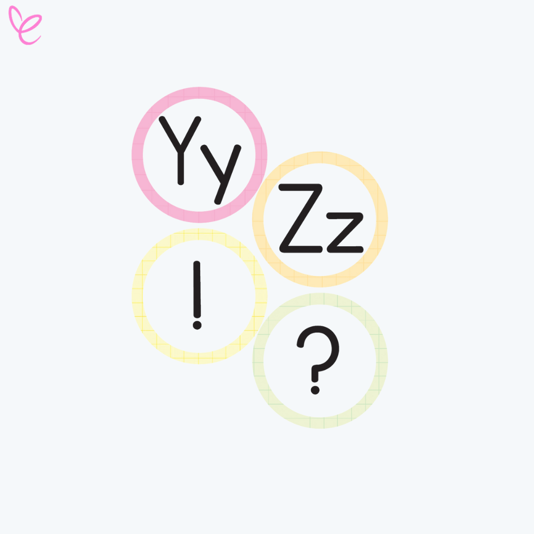 Four alphabet circles featuring uppercase and lowercase letters 'Yy' in pink, 'Zz' in yellow, an exclamation mark in pale yellow, and a question mark in light green. Each circle has a subtle grid pattern in the background.