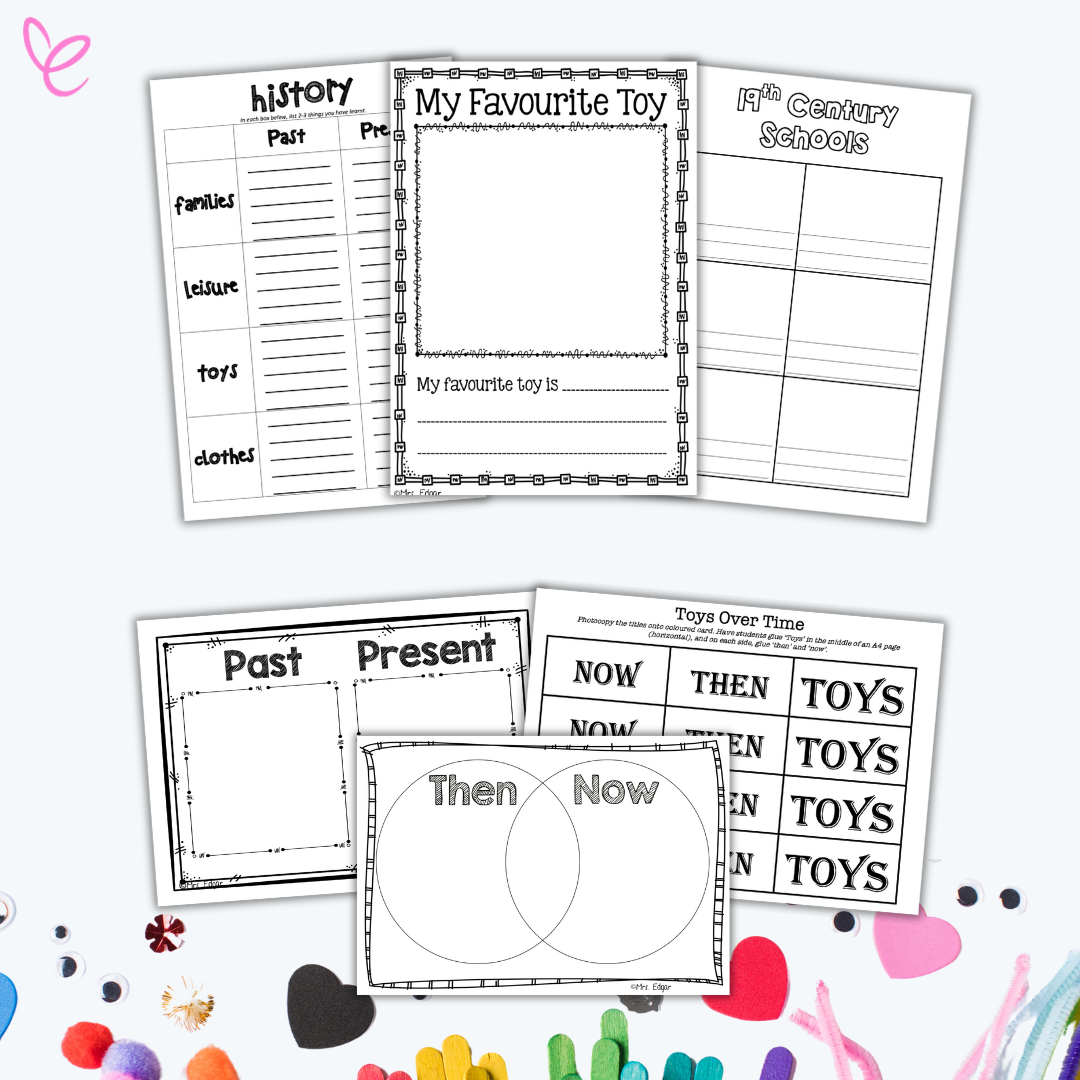  A set of black-and-white history worksheets for primary students, featuring comparison charts, a writing prompt about favourite toys, and a "Then and Now" Venn diagram, surrounded by craft materials.