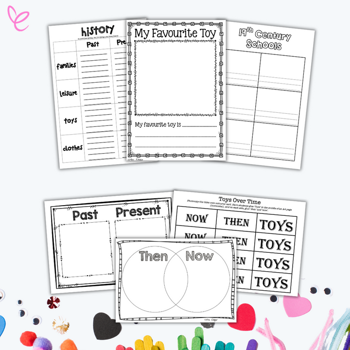  A set of black-and-white history worksheets for primary students, featuring comparison charts, a writing prompt about favourite toys, and a "Then and Now" Venn diagram, surrounded by craft materials.