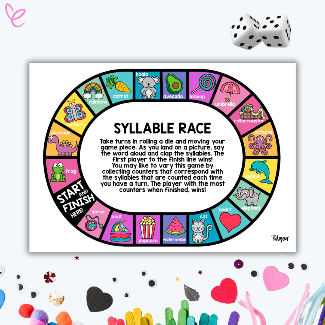 A photo of the Interactive teacher printable 'Syllable Game Prep Foundation Kindergarten games for students, featuring a white background displayed with over craft items.