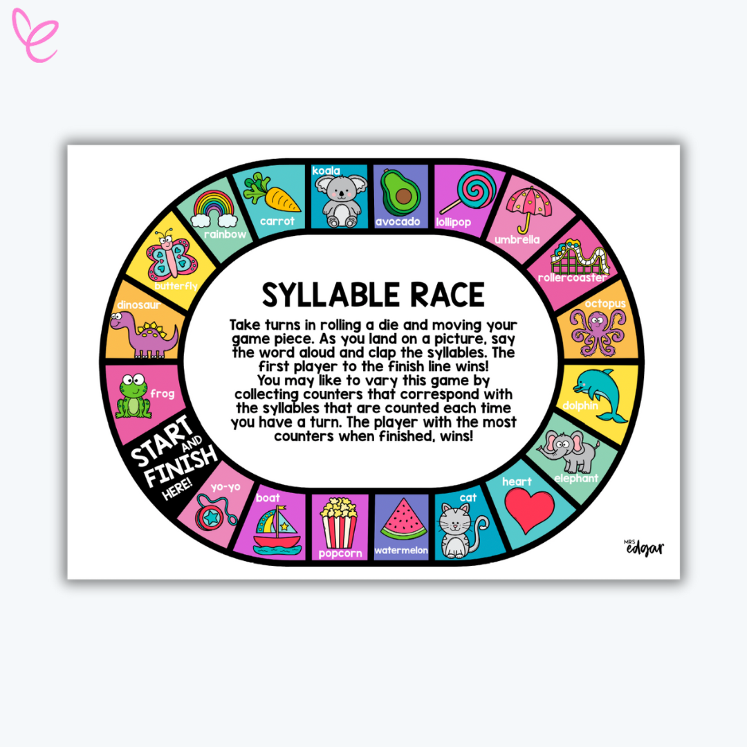 A photo of the Interactive teacher printable 'Syllable Game Prep Foundation Kindergarten games for students, featuring a white background.