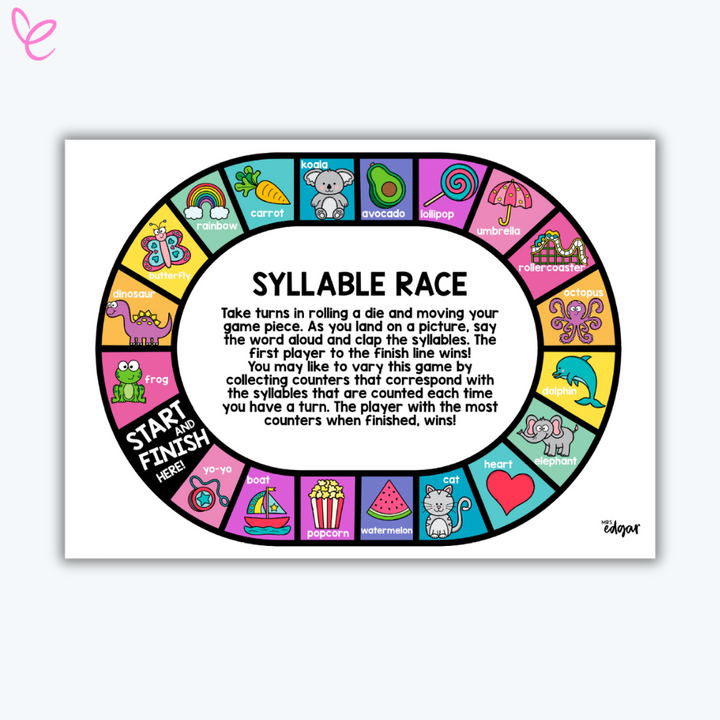 A photo of the Interactive teacher printable 'Syllable Game Prep Foundation Kindergarten games for students, featuring a white background.