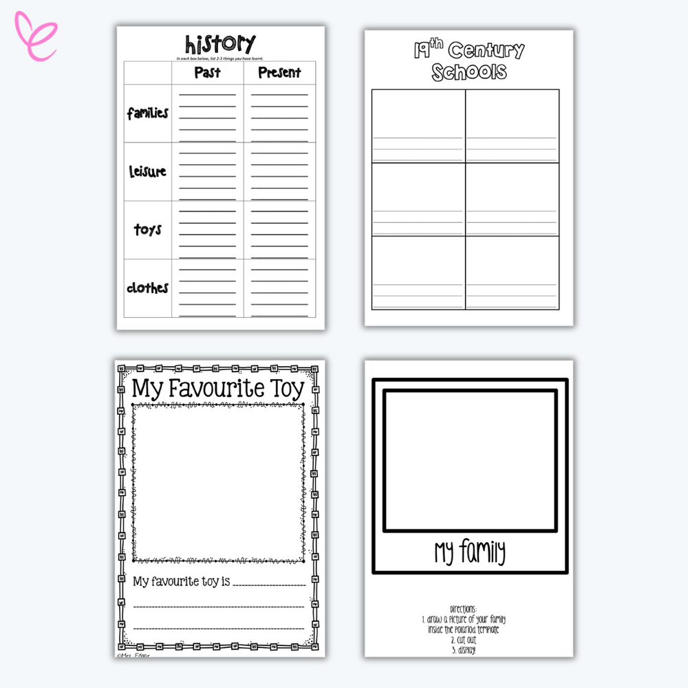 Black-and-white history-themed worksheets for students. Includes a "Past and Present" comparison chart, a "19th Century Schools" activity, a "My Favourite Toy" writing prompt, and a "My Family" drawing template.