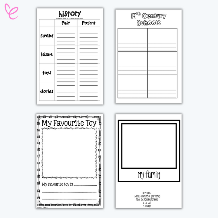 Black-and-white history-themed worksheets for students. Includes a "Past and Present" comparison chart, a "19th Century Schools" activity, a "My Favourite Toy" writing prompt, and a "My Family" drawing template.