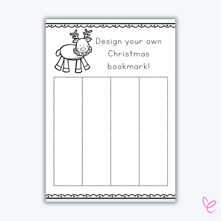 Christmas card with four blank cuttable bookmarks, meant for students to create their own colourful designs.