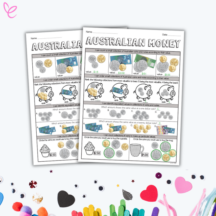 Black-and-white Australian money worksheets featuring coins and banknotes. Activities include counting money, ranking values, identifying equivalent amounts, and selecting coins to match prices of cupcakes and mugs.