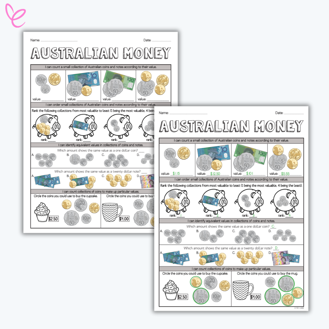 Two Australian money worksheets with images of coins and notes. Tasks include ordering collections by value, identifying equivalent amounts, and selecting coins for purchases.