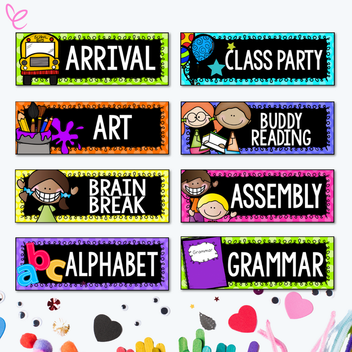 A selection of classroom schedule labels displayed on a playful background with craft supplies. The labels include words like "Arrival," "Class Party," "Art," "Buddy Reading," and more, with fun clipart representing each activity.