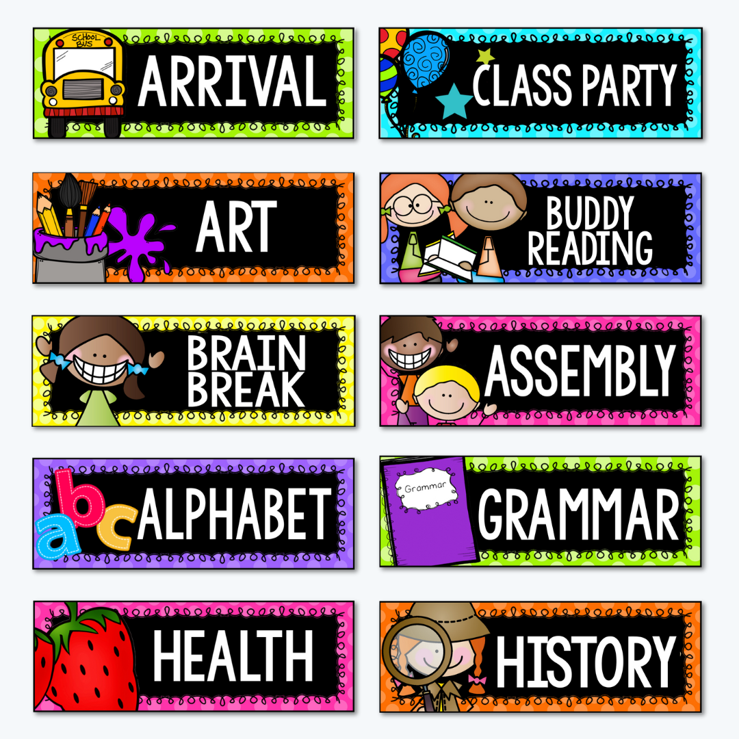 A set of colorful classroom schedule labels with black backgrounds and bold white text, featuring subjects such as "Arrival," "Class Party," "Art," "Buddy Reading," and more. Each label includes an illustrated icon representing the activity.