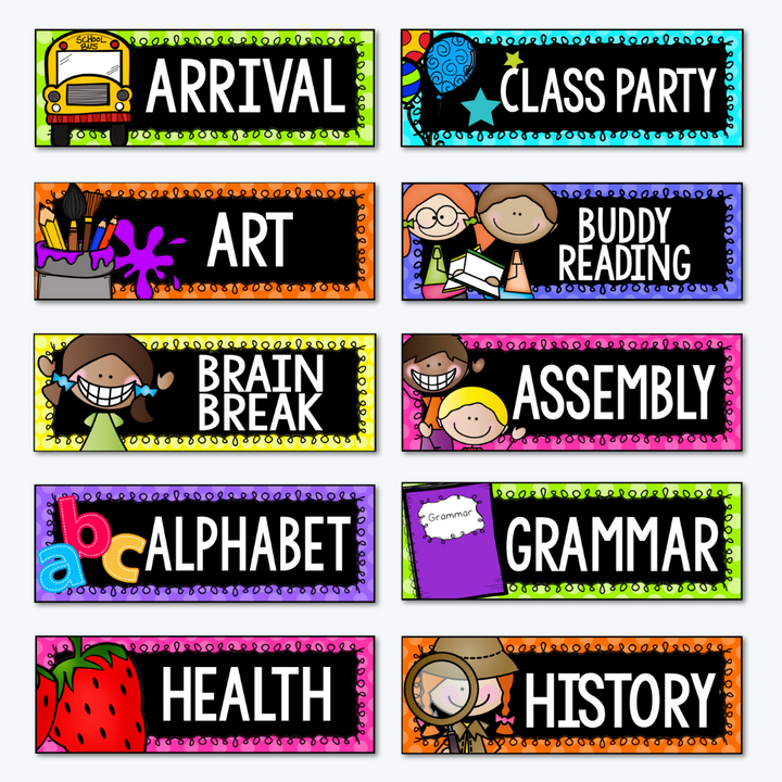 A set of colorful classroom schedule labels with black backgrounds and bold white text, featuring subjects such as "Arrival," "Class Party," "Art," "Buddy Reading," and more. Each label includes an illustrated icon representing the activity.