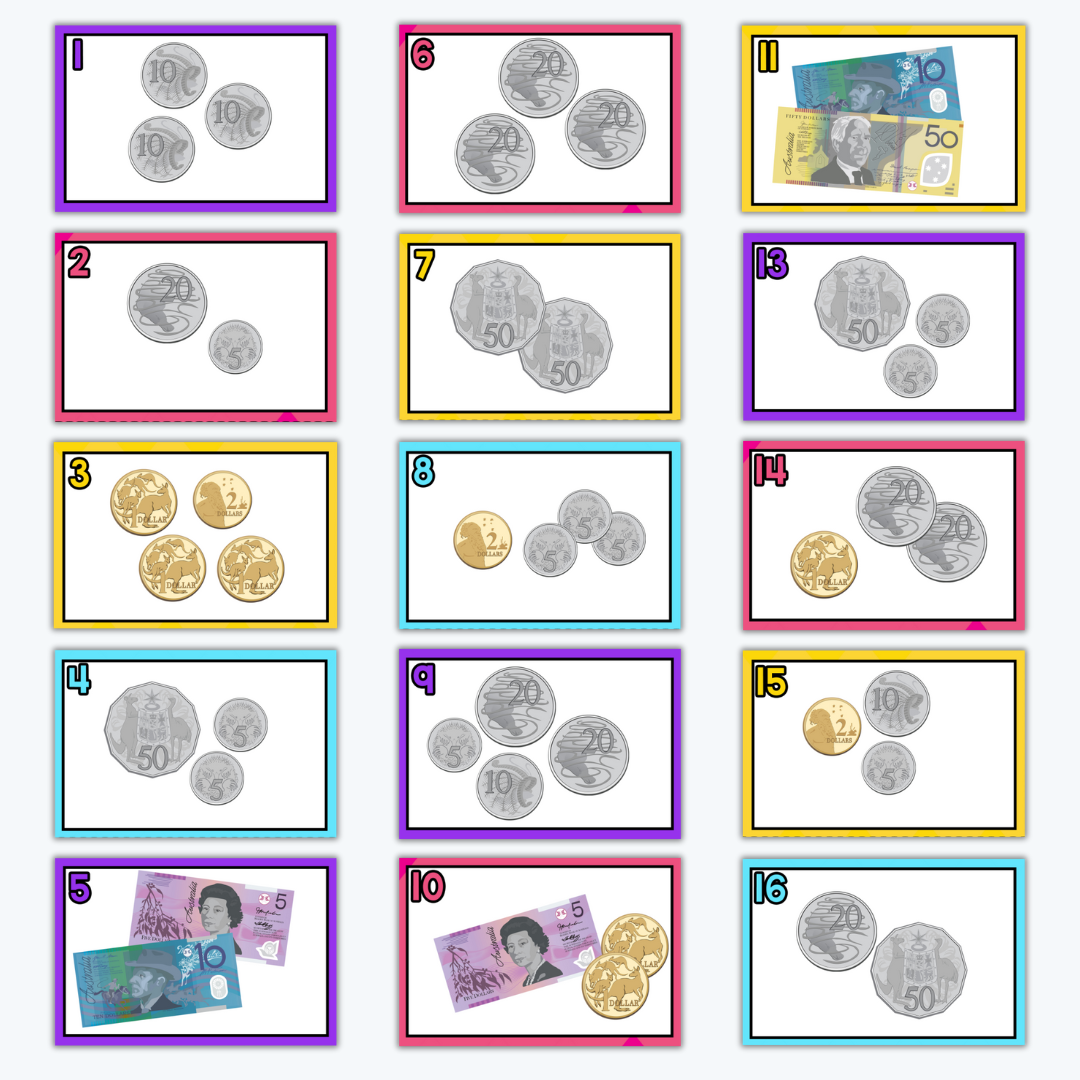 Brightly coloured Australian Money Task Cards displaying various coin combinations, such as 50-cent coins and $5 notes, arranged in a grid format for interactive learning.