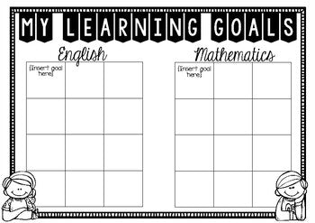 A set of "My Learning Goals" templates for students, featuring black-and-white worksheets for tracking English and Mathematics goals.