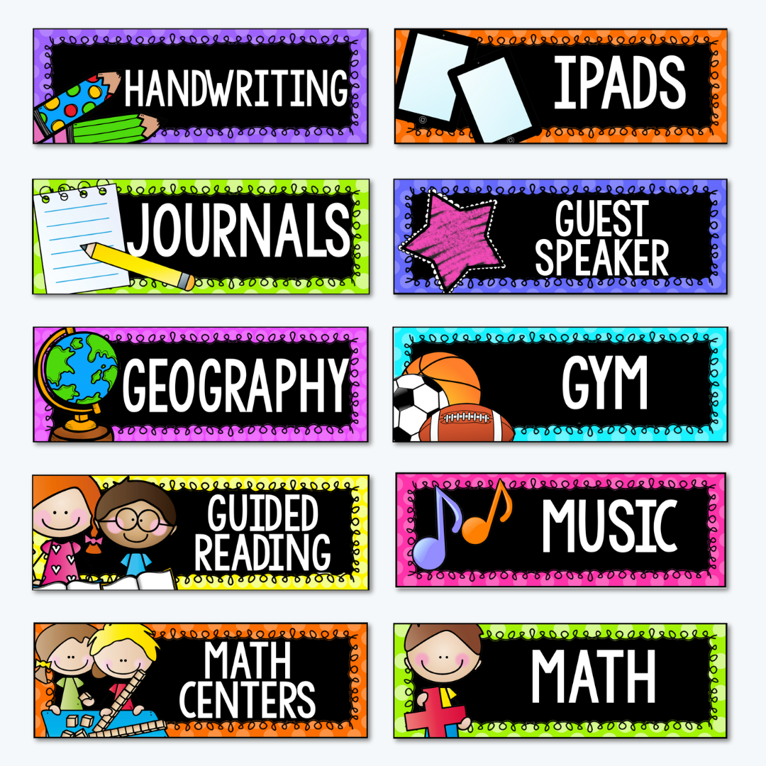 Another set of vibrant classroom schedule labels with playful illustrations, featuring subjects like "Handwriting," "iPads," "Journals," "Guest Speaker," "Geography," "Gym," and more. The labels have a consistent bold black background with bright borders.