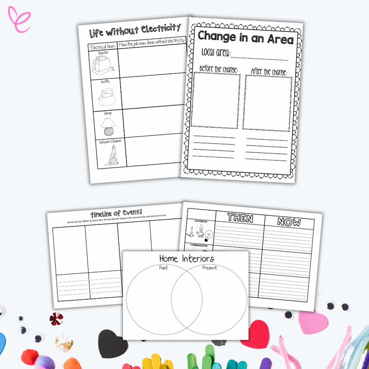 A set of black-and-white educational worksheets focusing on changes over time. Includes activities on life without electricity, local area changes, a timeline of events, a past vs. present Venn diagram, and a 'Then and Now' chart.