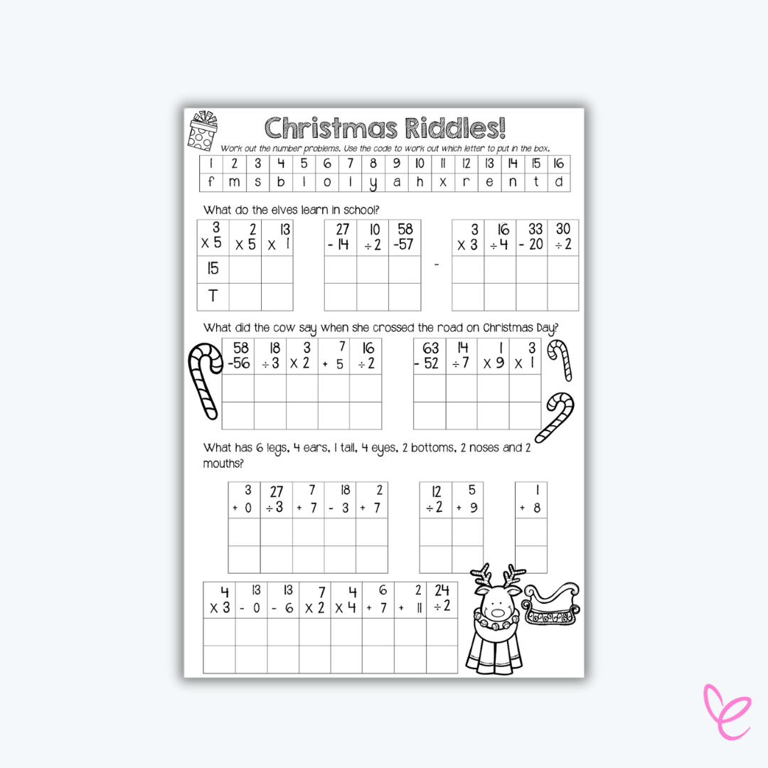 Christmas Crack the Code riddles worksheet with maths problems, designed for Year 1 and 2 students during the festive season.