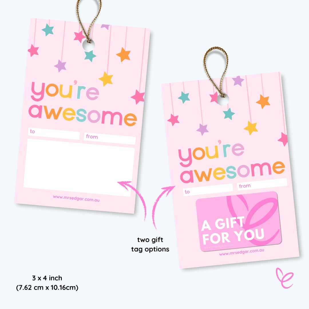 Two pink gift tags: one for a message, one for a gift card; both with motivational quotes and space for names.