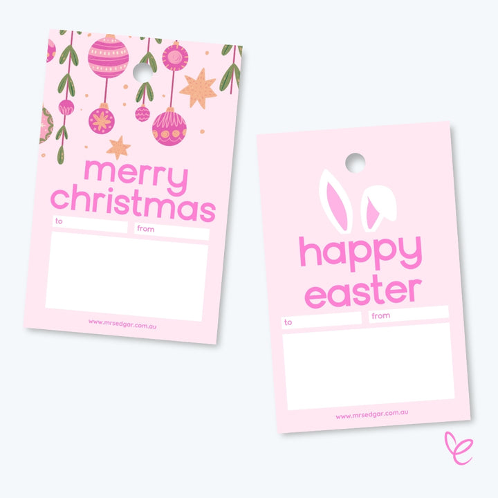 Pink Christmas and Easter gift tags with space for a name, message, and motivational quote.