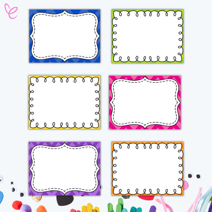 A set of six colourful blank labels with decorative borders, each with a different vibrant patterned background in blue, green, yellow, pink, purple, and orange. Ideal for classroom displays, name tags, or organising materials.