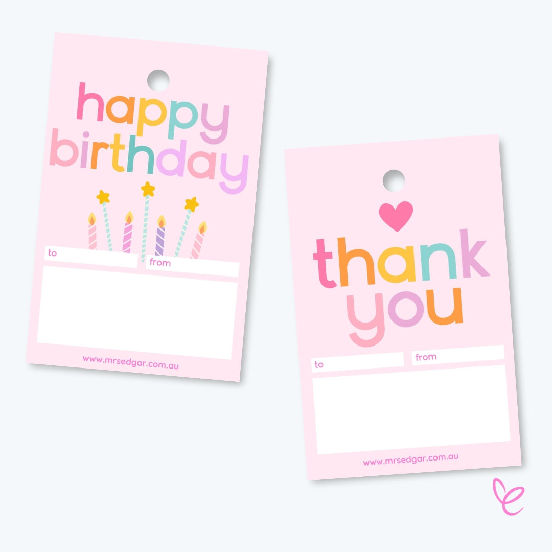 Pink gift tags: one 'Happy Birthday' and one 'Thank You' design, each with space for a name, message, and motivational quote.