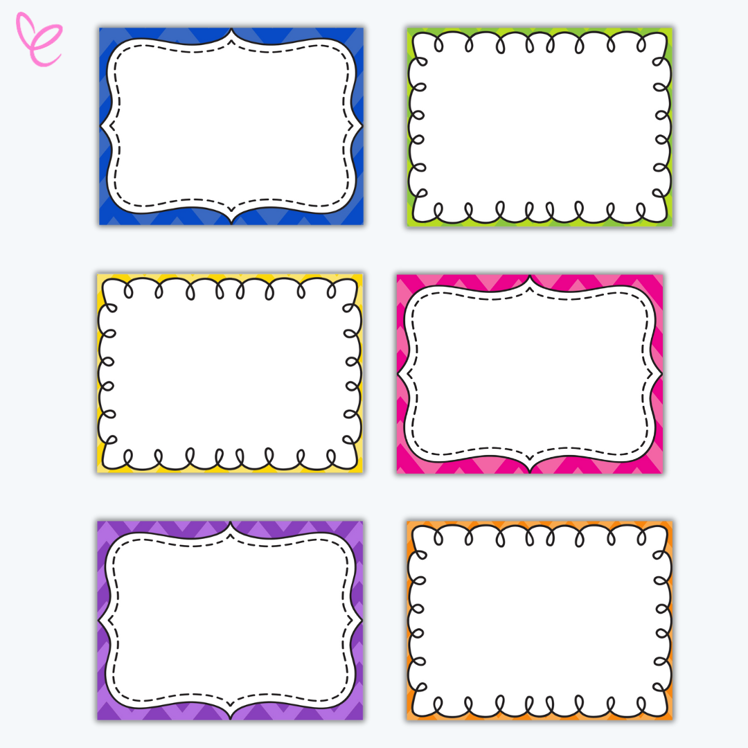  A set of six vibrant blank classroom labels with decorative frames, featuring bold colours and patterns. Designed for customisation, these labels are perfect for student name tags, classroom organisation, or bulletin board accents.