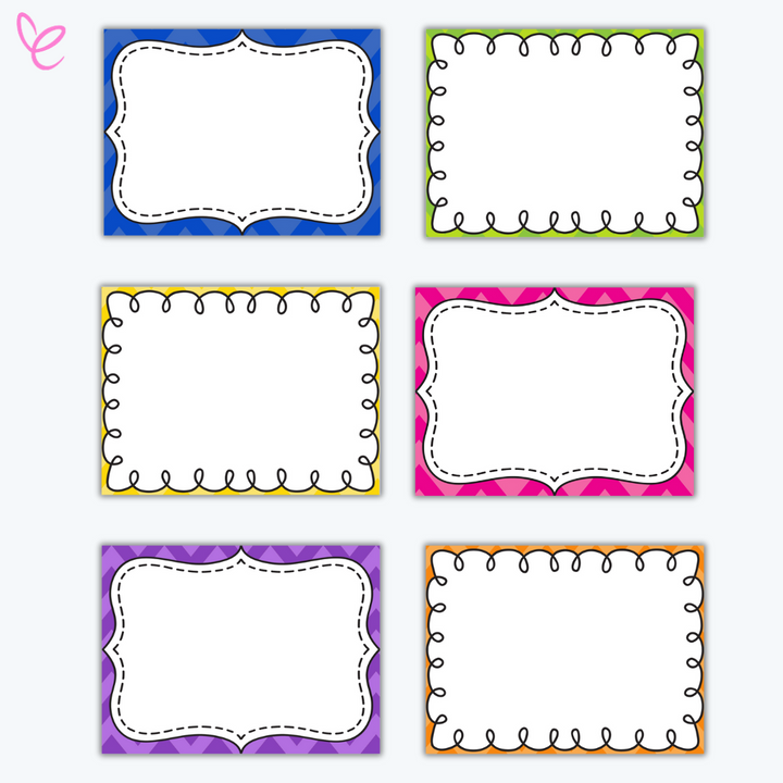  A set of six vibrant blank classroom labels with decorative frames, featuring bold colours and patterns. Designed for customisation, these labels are perfect for student name tags, classroom organisation, or bulletin board accents.