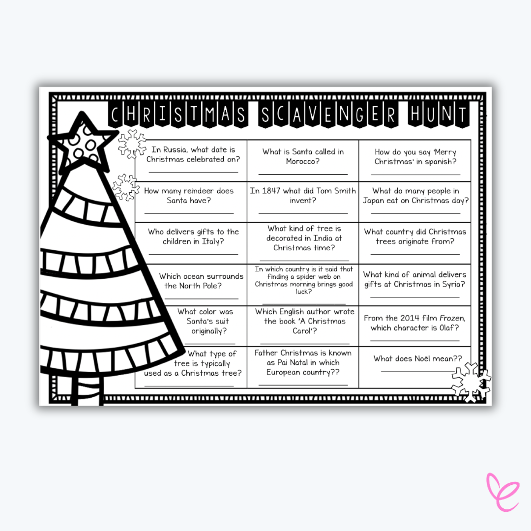 Christmas-themed scavenger hunt sheet with questions, designed to foster knowledge acquisition and critical thinking in students.