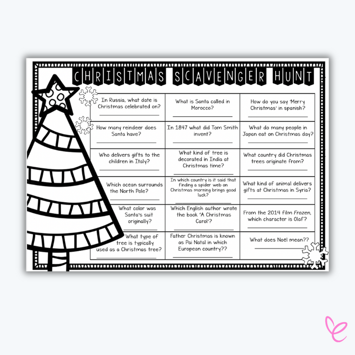 Christmas-themed scavenger hunt sheet with questions, designed to foster knowledge acquisition and critical thinking in students.