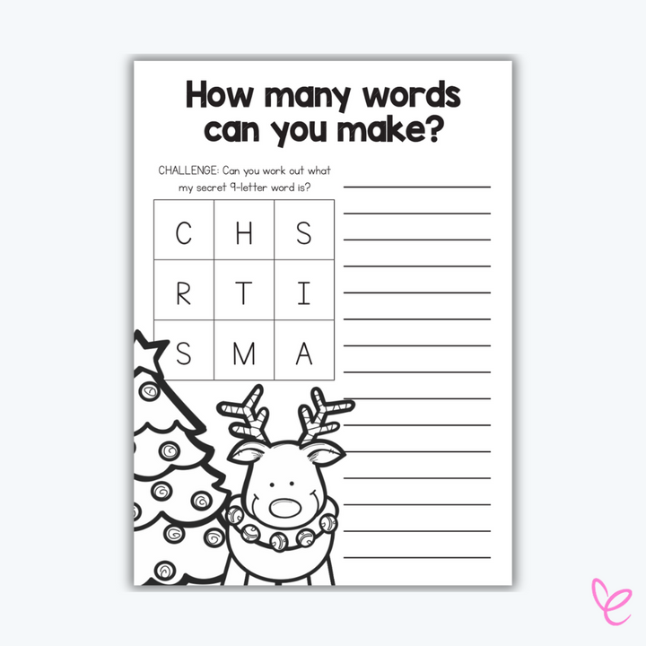 Blank Printable Christmas word search challenge titled "How many words can you make."