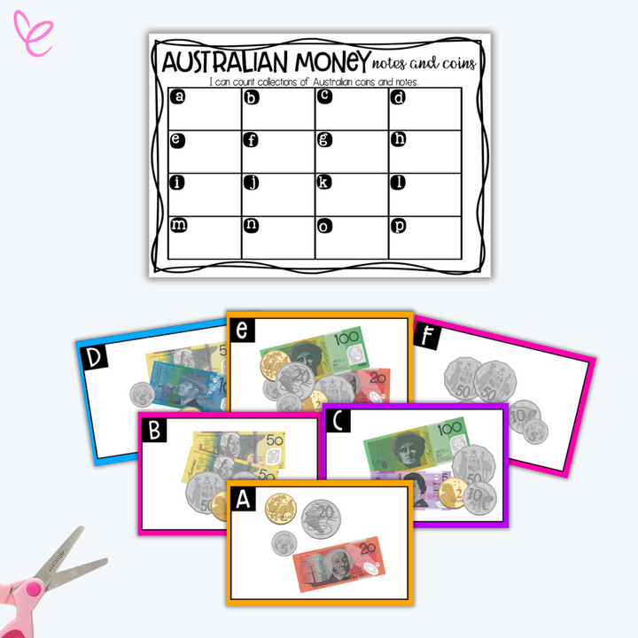 A counting activity featuring Australian currency with labeled spaces for students to record their answers.