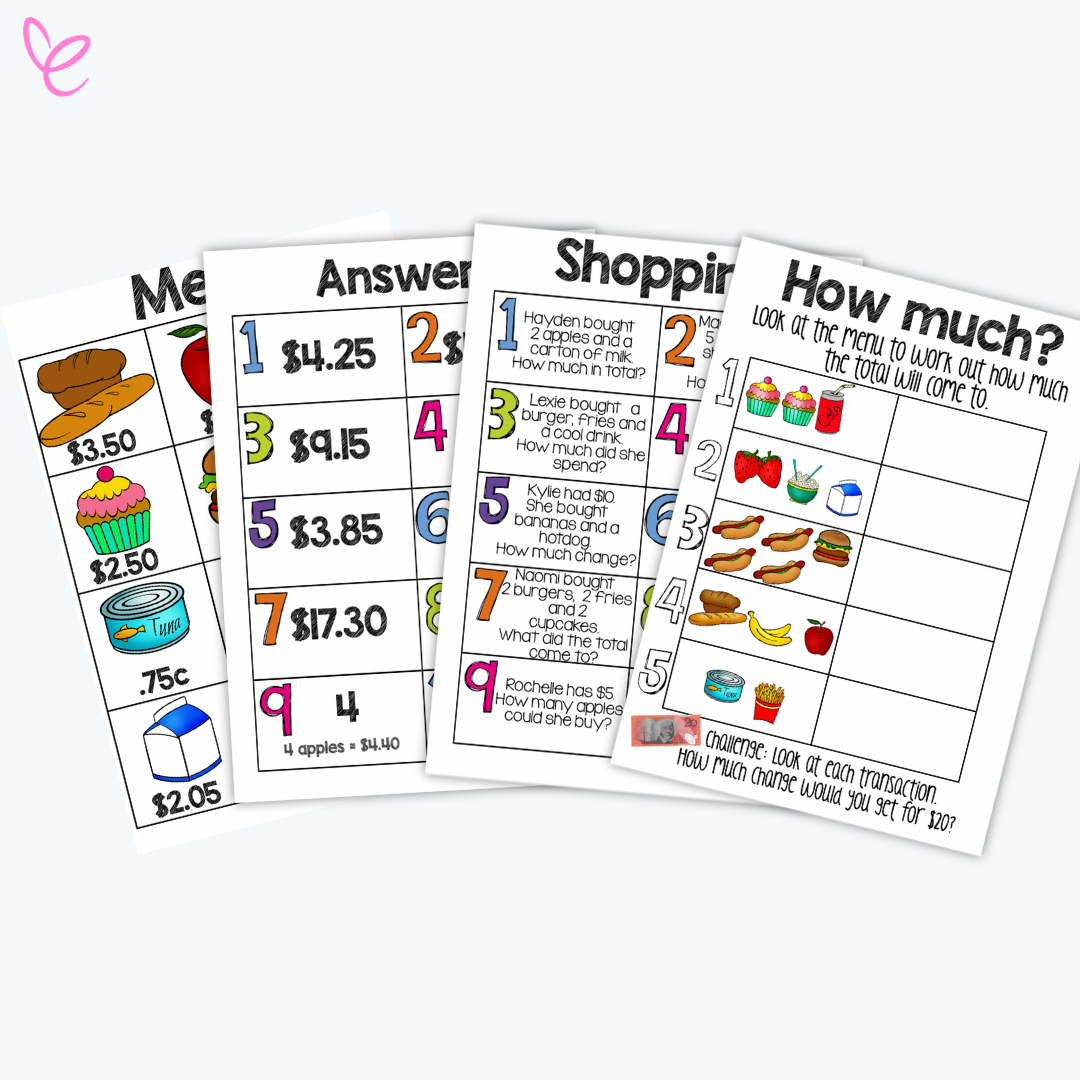 Colourful worksheets with illustrated food items and prices, designed for students to calculate total costs and change.