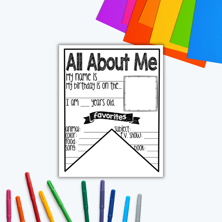 All About Me banner printed on white card with text fields to be filled in, designed to help students introduce themselves interactively.