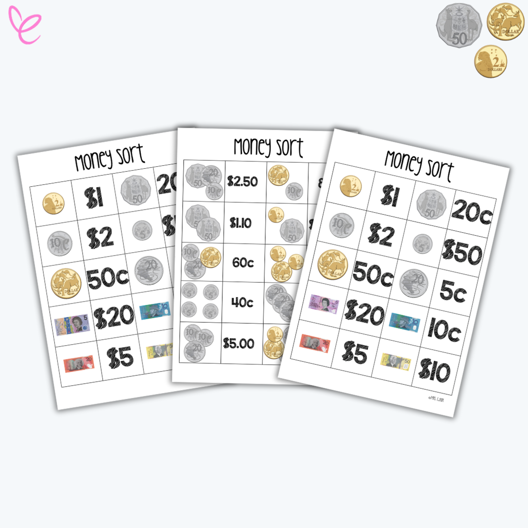 Three printable worksheets featuring images of Australian coins and banknotes for students to match and sort by value.
