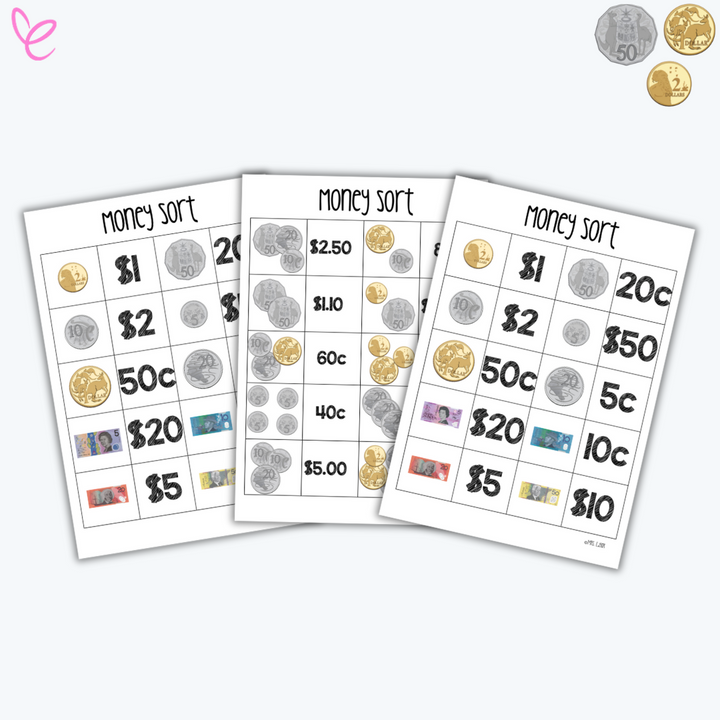 Three printable worksheets featuring images of Australian coins and banknotes for students to match and sort by value.
