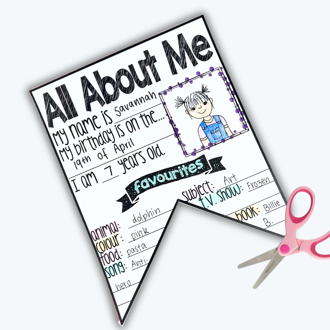 All About Me banner filled in by a student, cut out with scissors placed next to it, designed to help students introduce themselves interactively.