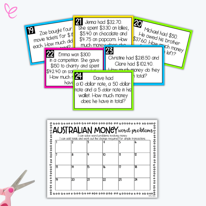 A collection of math problem cards with real-world Australian currency scenarios, using addition and subtraction.