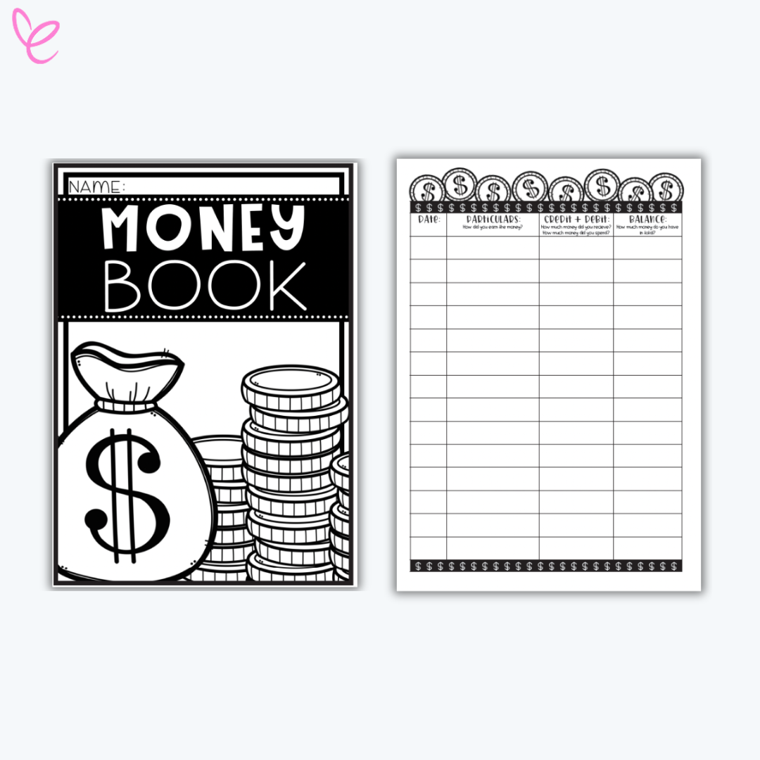 A printable money tracking book for students, including a ledger-style worksheet for recording transactions