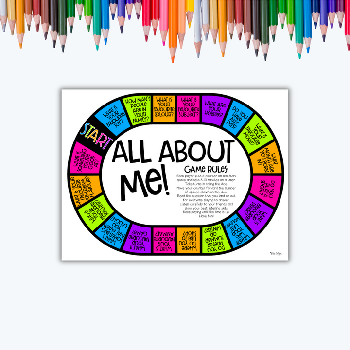 Colourful All About Me board game with back-to-school questions on students' lives, against a blank background with coloured pencils.