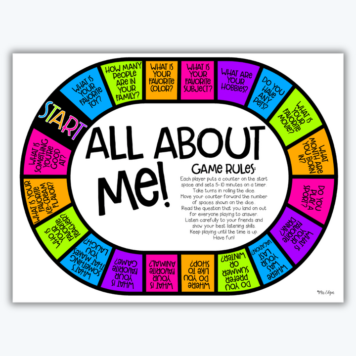 Back-to-school All About Me board game with colourful questions for students to share about their lives, set on a blank background.