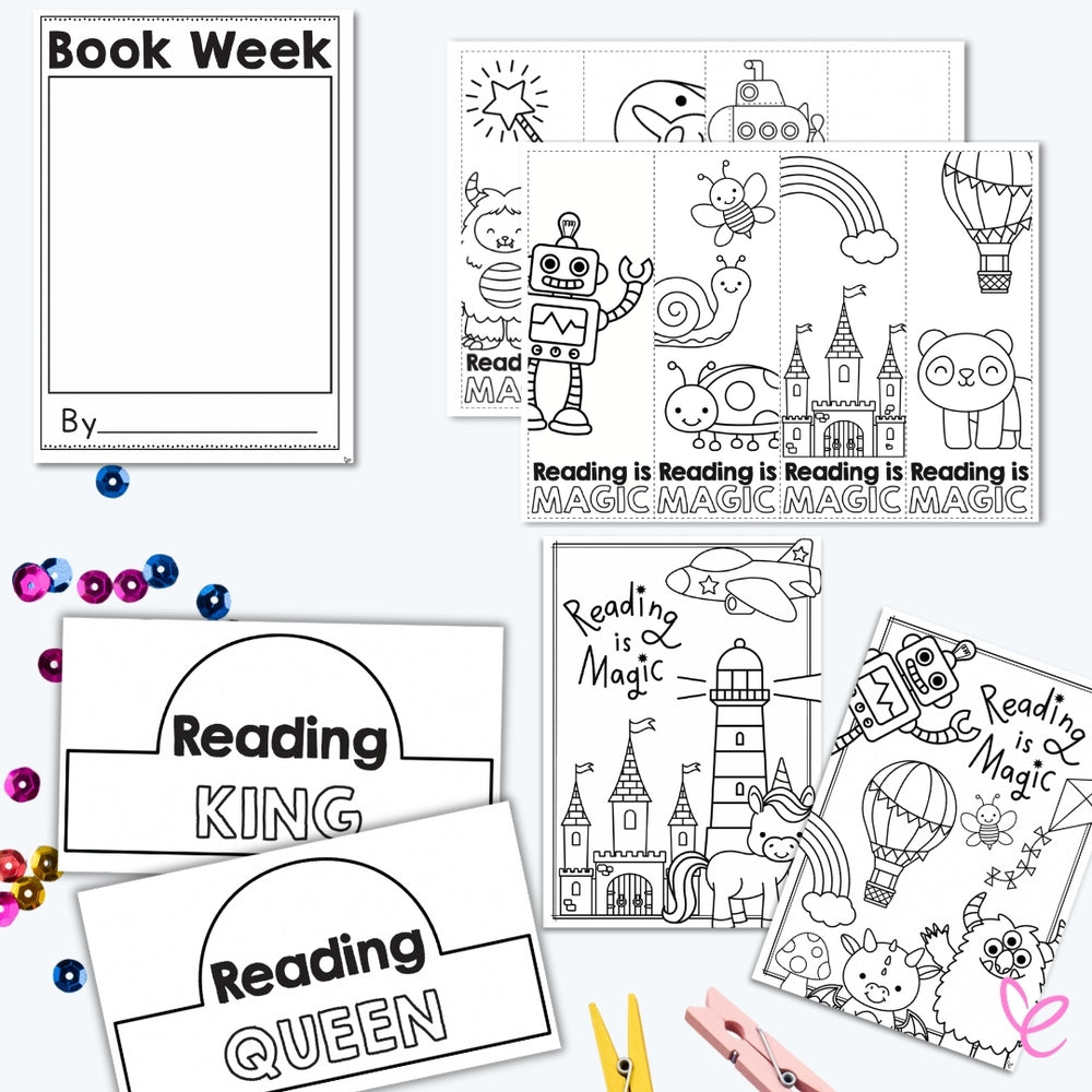 A collection of Book Week printables, including reading crowns, colouring bookmarks, themed colouring page.