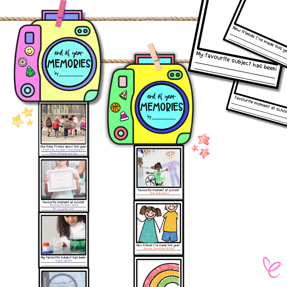 Two coloured polaroid cameras with prompts for students’ favourite moments, plus blank picture prompts in the top right.