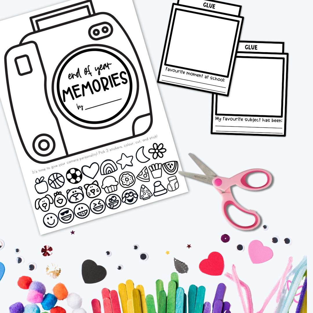 Polaroid camera template sheet on a white background, with rows of stickers, student prompt picture templates, and scissors.