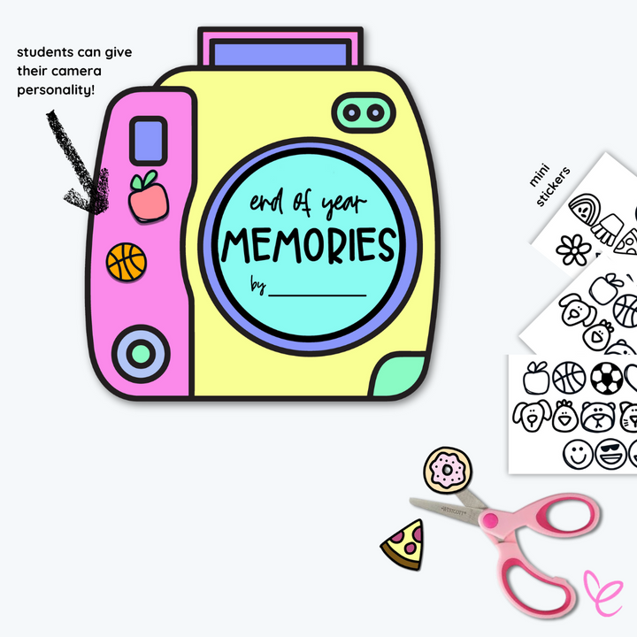 Coloured polaroid camera with name prompt, mini stickers attached, and sticker sheets with scissors on the side.