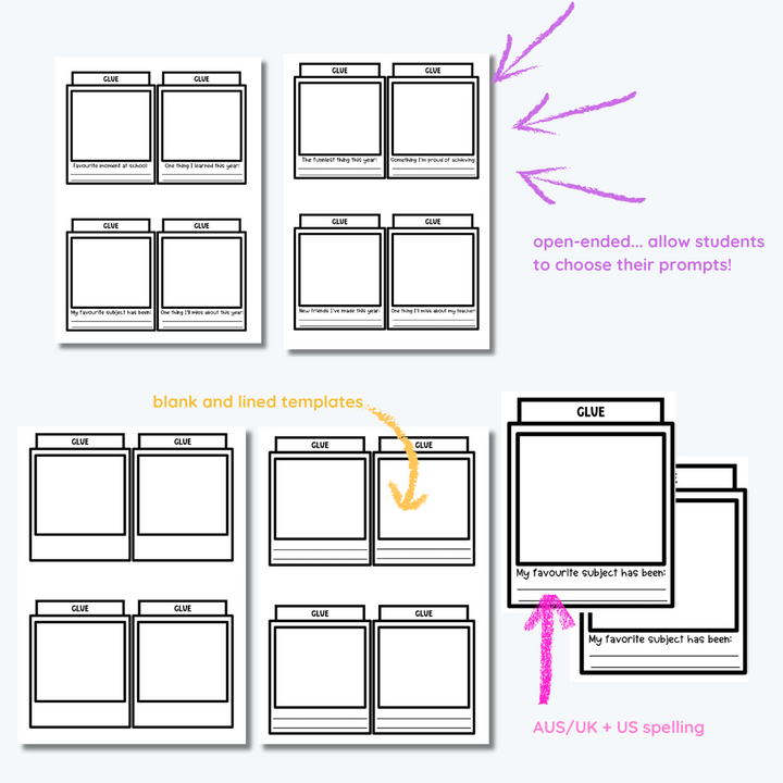 Polaroid template sheets with end-of-year student prompts, blank prompts, and coloured text explaining each template.