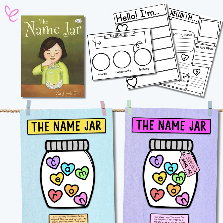 A book cover of The Name Jar by Yangsook Choi, accompanied by black-and-white printable name activity sheets and two completed name jar craft posters with heart-shaped letters spelling a student’s name.